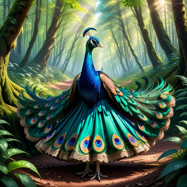 Photo of a peacock in a skirt in the forest