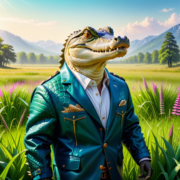 Image d'un crocodile dans une veste dans la prairie