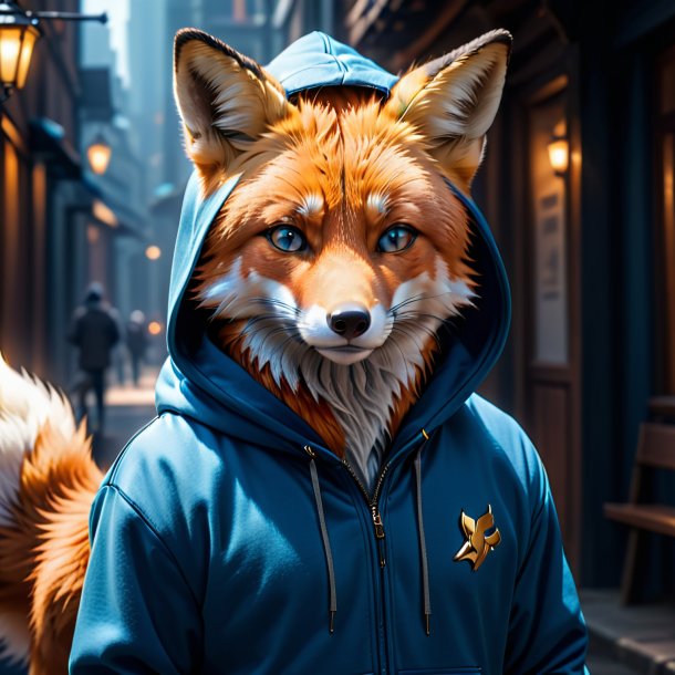 Photo of a fox in a blue hoodie