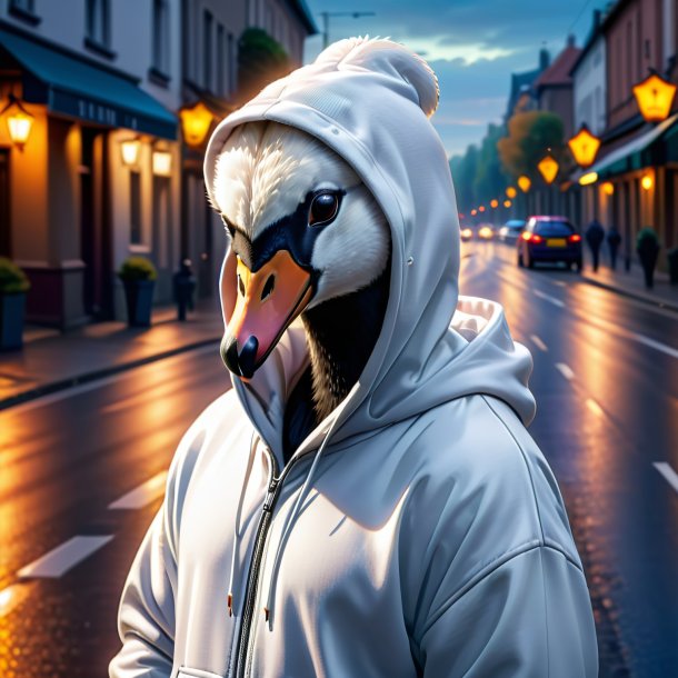 Picture of a swan in a hoodie on the road