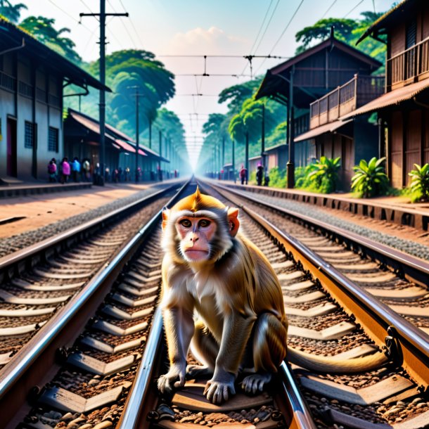 Image of a waiting of a monkey on the railway tracks