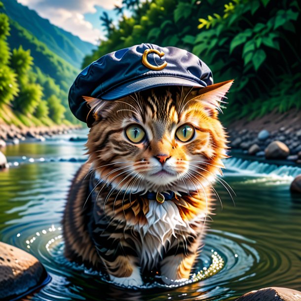 Foto de un gato en un gorro en el río