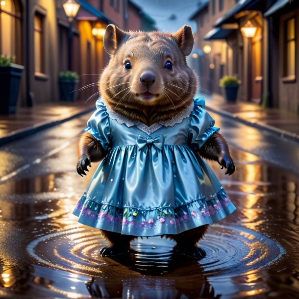 Photo of a wombat in a dress in the puddle