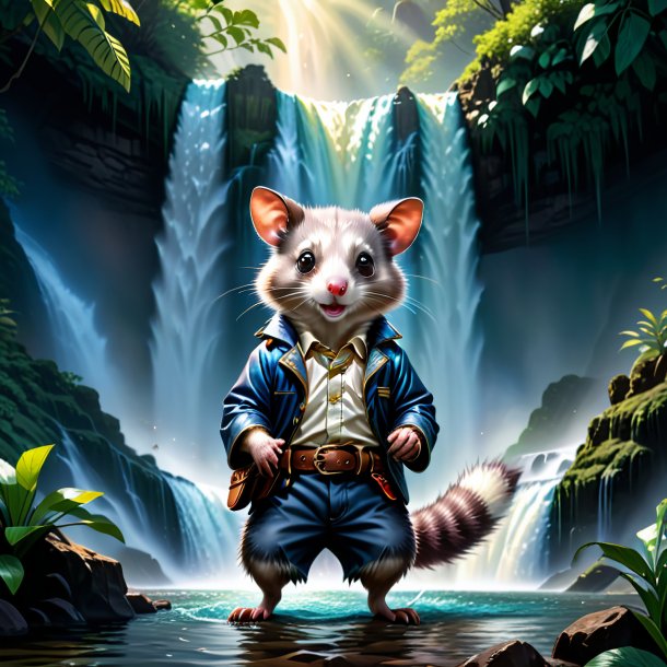 Illustration of a possum in a belt in the waterfall