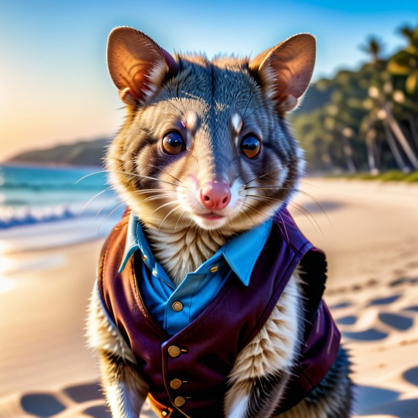 Photo of a possum in a vest on the beach