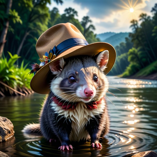 Pic d'un possum dans un chapeau dans la rivière