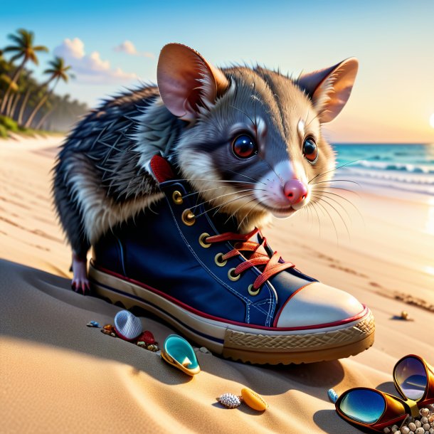 Image of a possum in a shoes on the beach