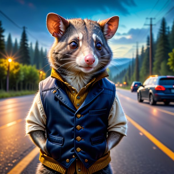 Picture of a possum in a vest on the road