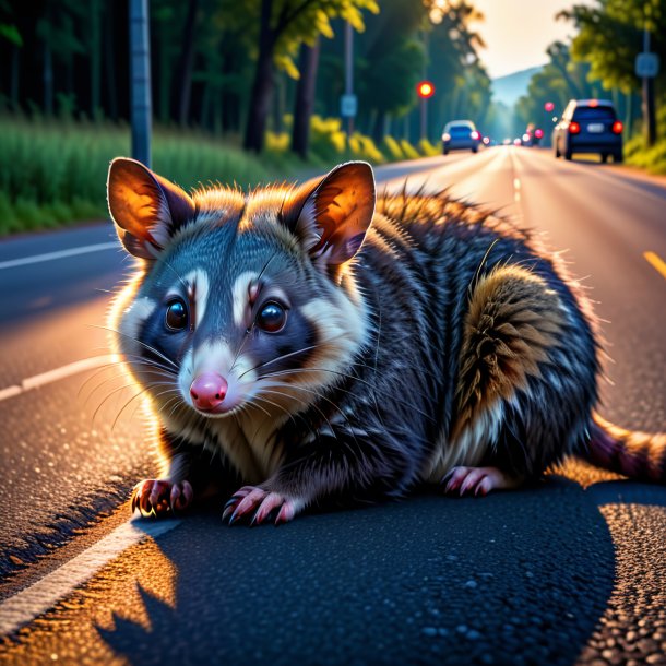 Imagem de um repouso de um possum na estrada