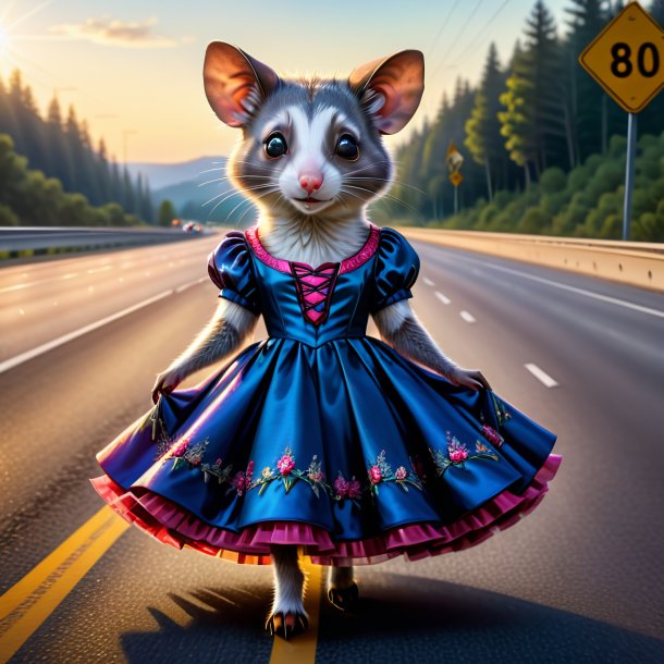 Drawing of a possum in a dress on the highway