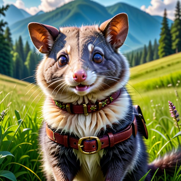 Photo of a possum in a belt in the meadow