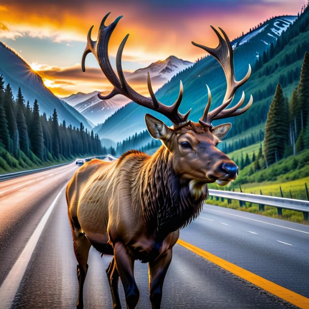 Pic of a elk in a cap on the highway