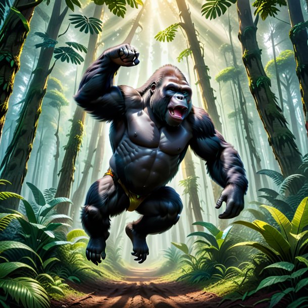 Photo of a jumping of a gorilla in the forest