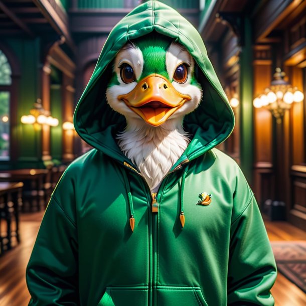 Pic of a duck in a green hoodie