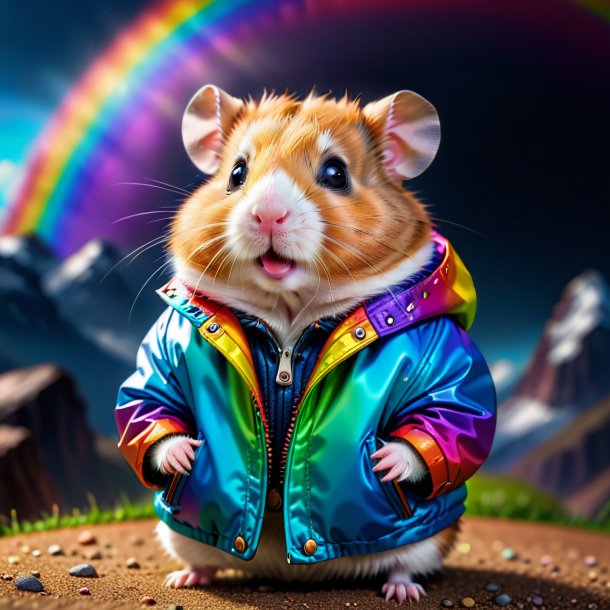 Imagem de um hamster em uma jaqueta no arco-íris