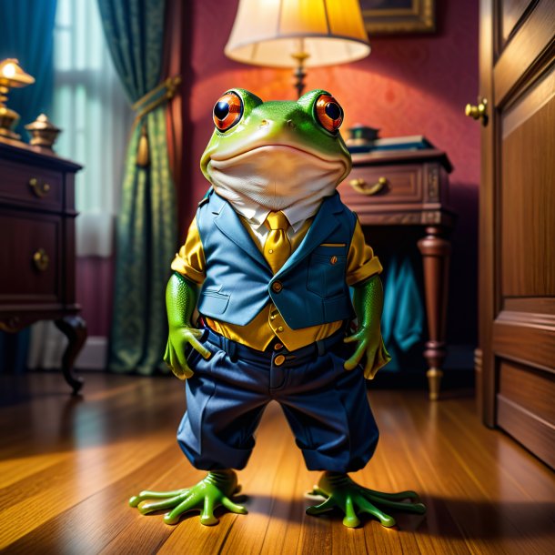 Photo of a frog in a trousers in the house