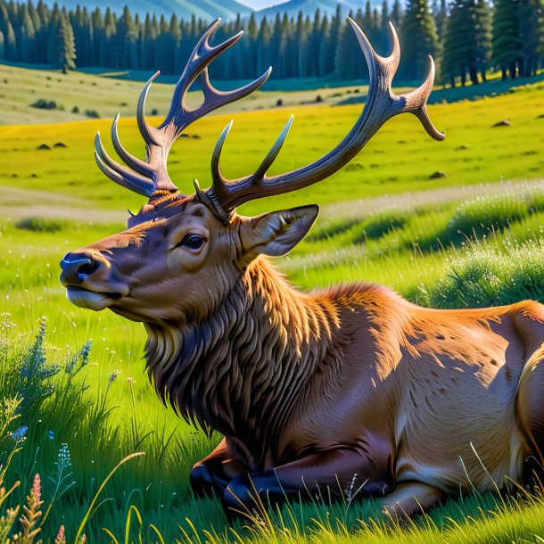 Image of a sleeping of a elk in the meadow