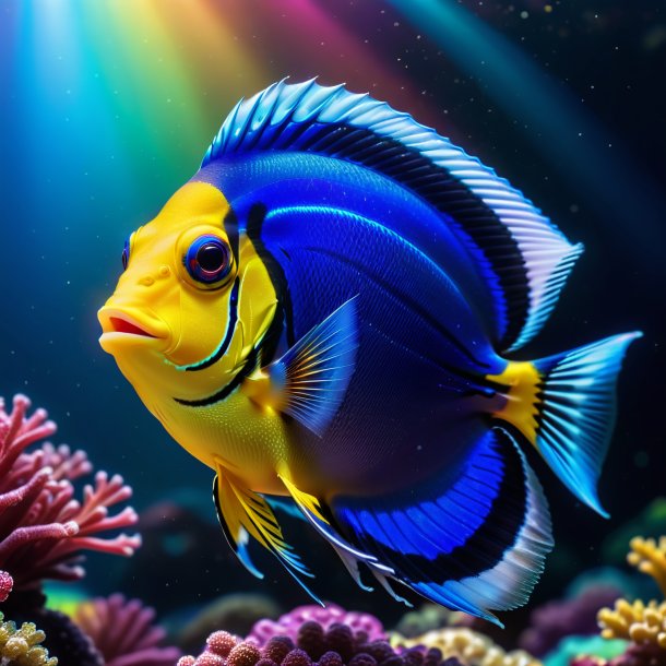 Pic of a blue tang in a coat on the rainbow