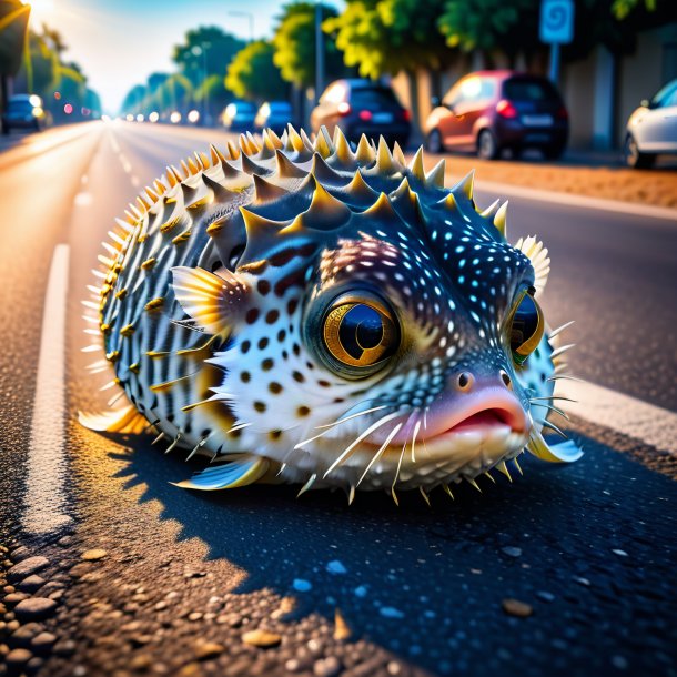 Photo of a sleeping of a pufferfish on the road