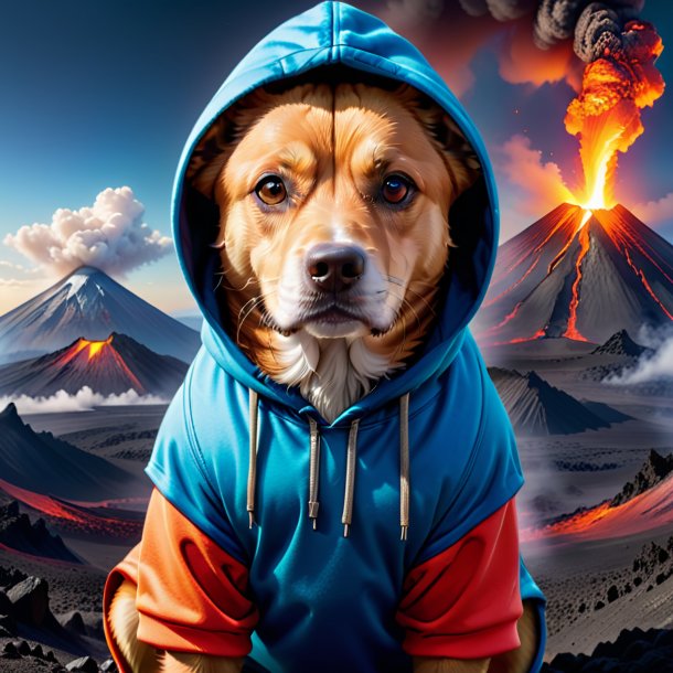 Photo of a dog in a hoodie in the volcano