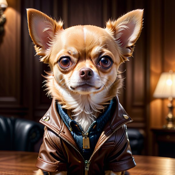 Imagen de un chihuahua en una chaqueta marrón