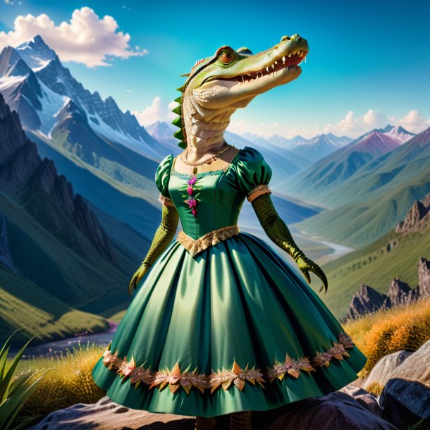 Image of a crocodile in a dress in the mountains