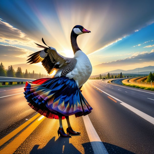 Photo of a goose in a skirt on the highway