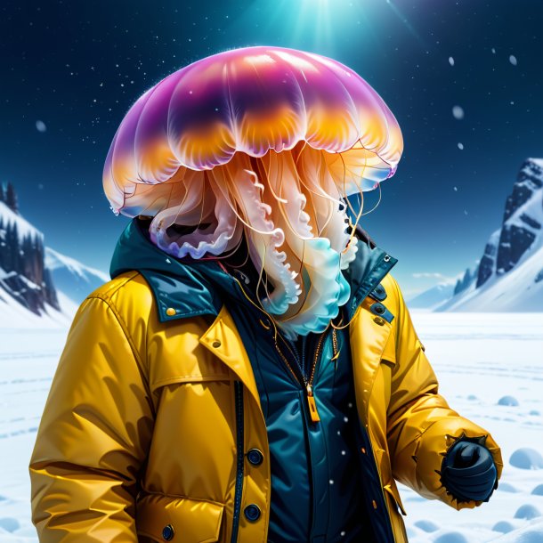 Illustration of a jellyfish in a jacket in the snow