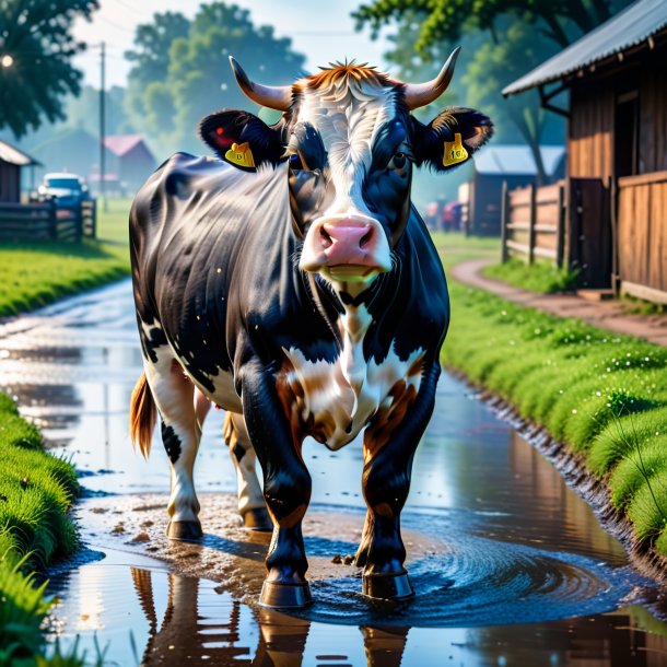 Photo of a cow in a jeans in the puddle