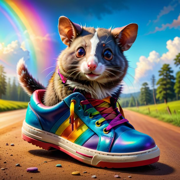 Photo d'un opossum dans une chaussure sur l'arc-en-ciel