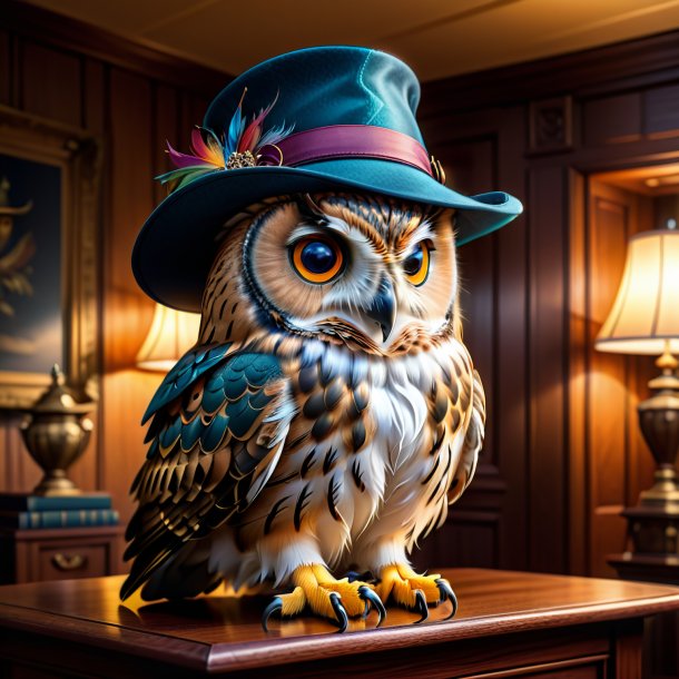 Drawing of a owl in a hat in the house