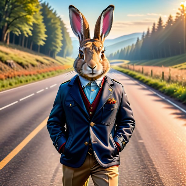 Pic of a hare in a jacket on the road