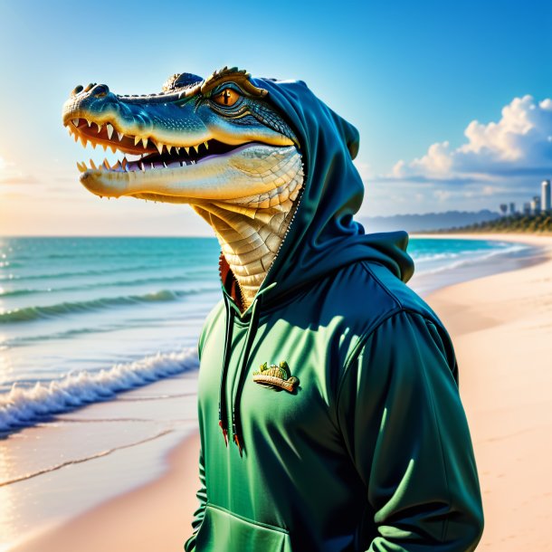 Photo d'un crocodile dans un sweat à capuche sur la plage