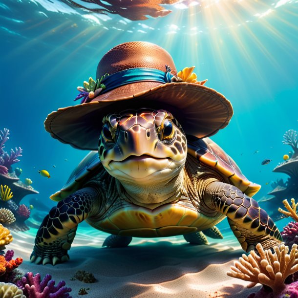 Foto de una tortuga en un sombrero en el mar