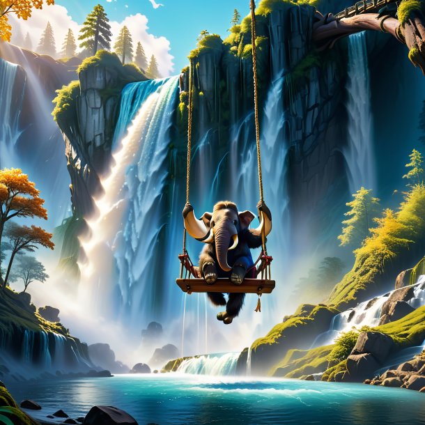 Picture of a swinging on a swing of a mammoth in the waterfall