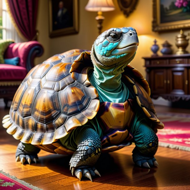 Foto de una tortuga en un vestido en la casa