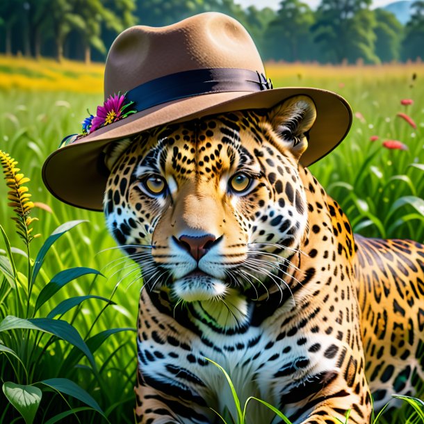 Image d'un jaguar dans un chapeau dans la prairie