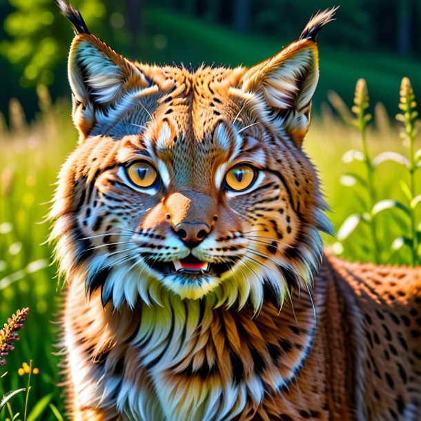 Foto de una sonrisa de un lince en el prado