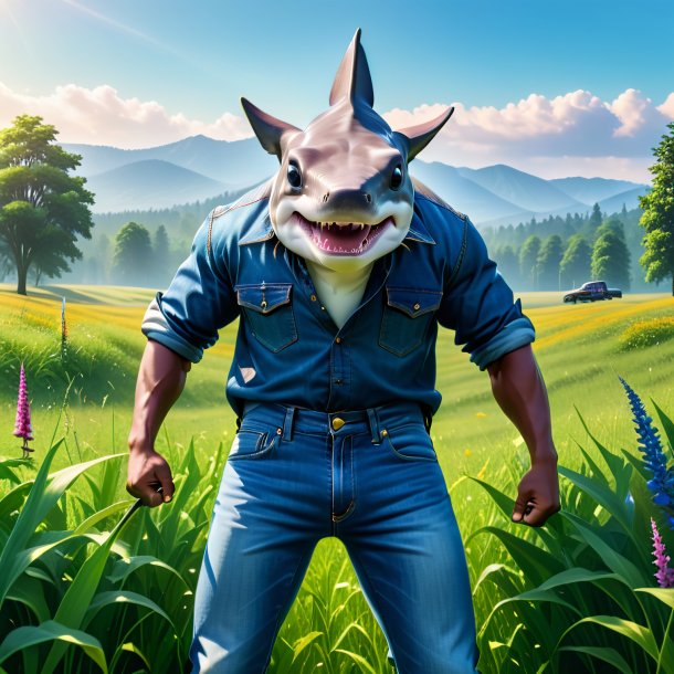 Picture of a hammerhead shark in a jeans in the meadow