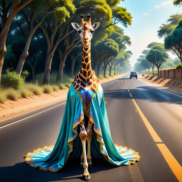 Drawing of a giraffe in a dress on the road