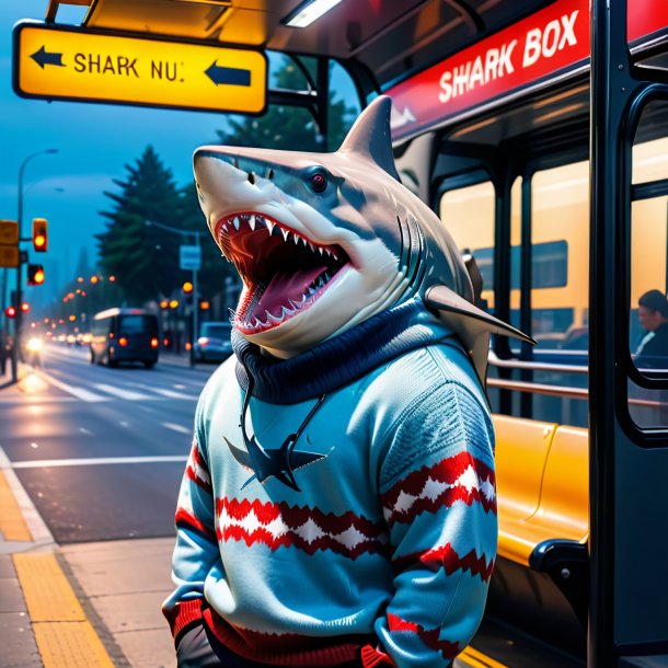 Pic of a shark in a sweater on the bus stop