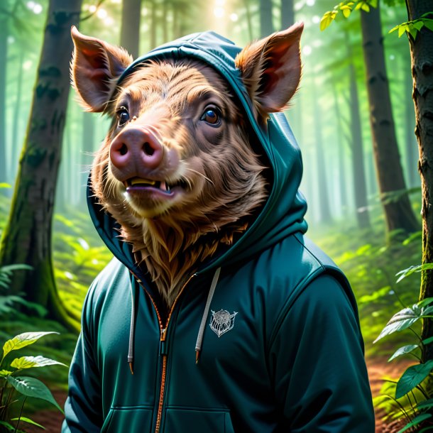 Foto de um javali em um hoodie na floresta