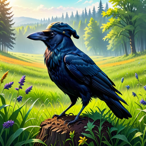 Drawing of a crow in a cap in the meadow