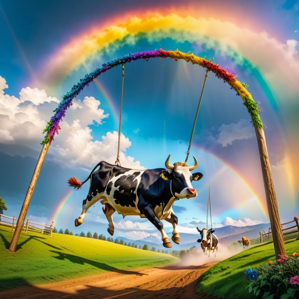 Pic d'une balançoire sur une balançoire d'une vache sur l'arc-en-ciel