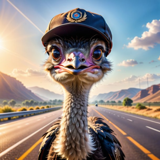 Picture of a ostrich in a cap on the highway