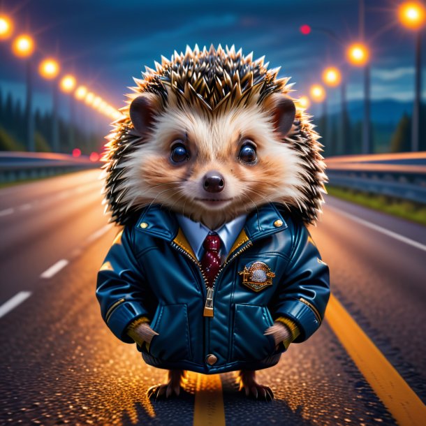 Photo of a hedgehog in a jacket on the highway