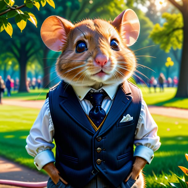 Picture of a mouse in a vest in the park