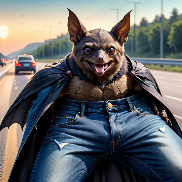 Dessin d'une chauve-souris dans un jean sur l'autoroute