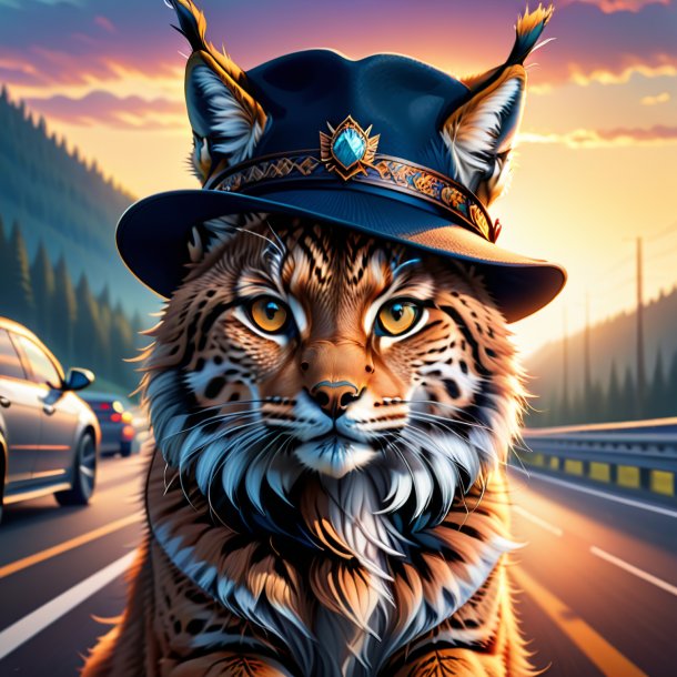 Illustration of a lynx in a hat on the highway