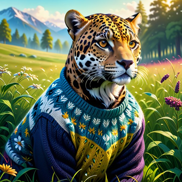 Illustration of a jaguar in a sweater in the meadow